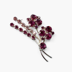 Vintage Austrian Crystal Brooch Purple Pink Rhinestone Floral Spray Pin 1950s